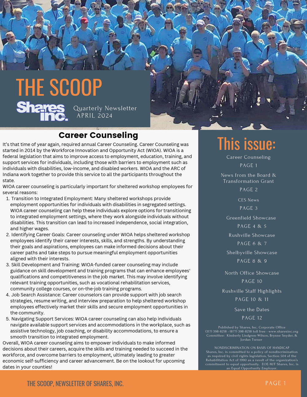April 2024 Quarterly newsletter from Shares Inc. for April 2024, featuring information on career counseling for individuals with barriers to employment, including a large group photo of participants in blue shirts.