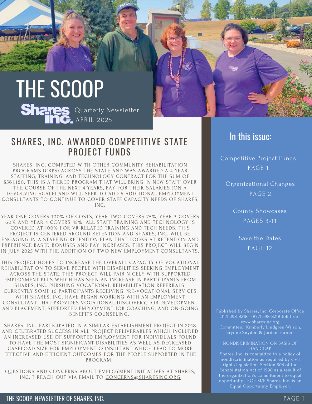 April 2025 Quarterly newsletter for Shares, Inc. from April 2025, highlighting their award of competitive state project funds to enhance employment services for individuals with disabilities.