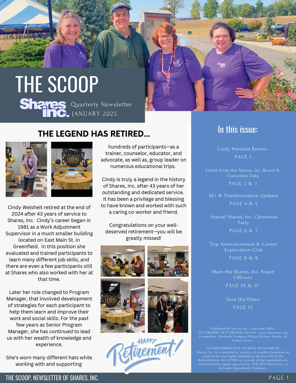 January 2025 Quarterly newsletter from Shares, Inc. announcing the retirement of Cindy Weisheit after 43 years of dedicated service, featuring celebration photos and updates.