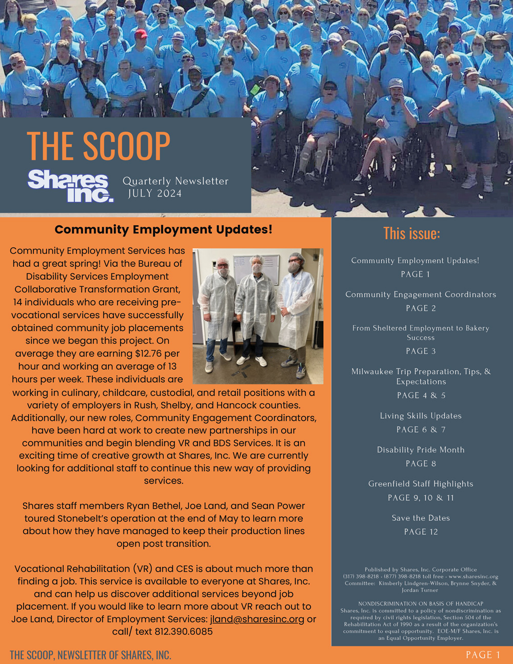 July 2024 Quarterly newsletter from Shares, Inc. highlighting community employment updates, including job placements and new initiatives for individuals with disabilities, featuring a large group photo and key staff information.