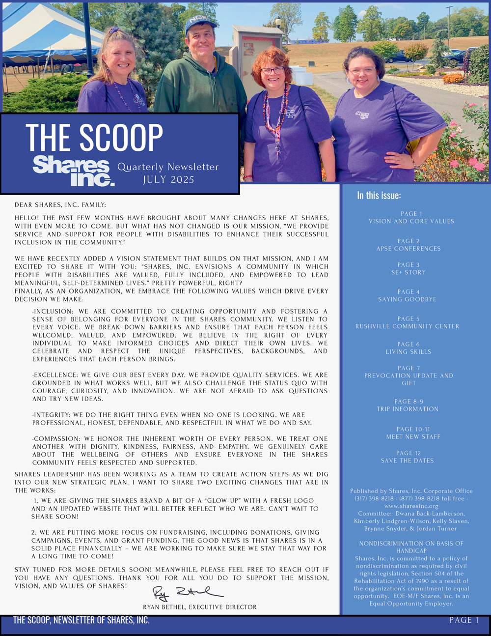 July 2025 Newsletter image for Shares, Inc. titled "The Scoop," July 2025 edition, featuring updates on mission, vision, and core values for supporting people with disabilities.