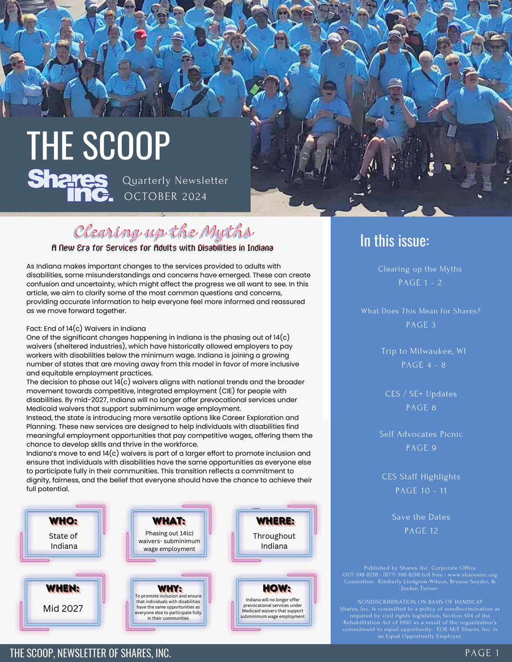 October 2024 Quarterly newsletter cover for Shares Inc., October 2024, featuring a group photo of adults with disabilities and details on changes to services in Indiana, including the phasing out of 14(c) waivers.