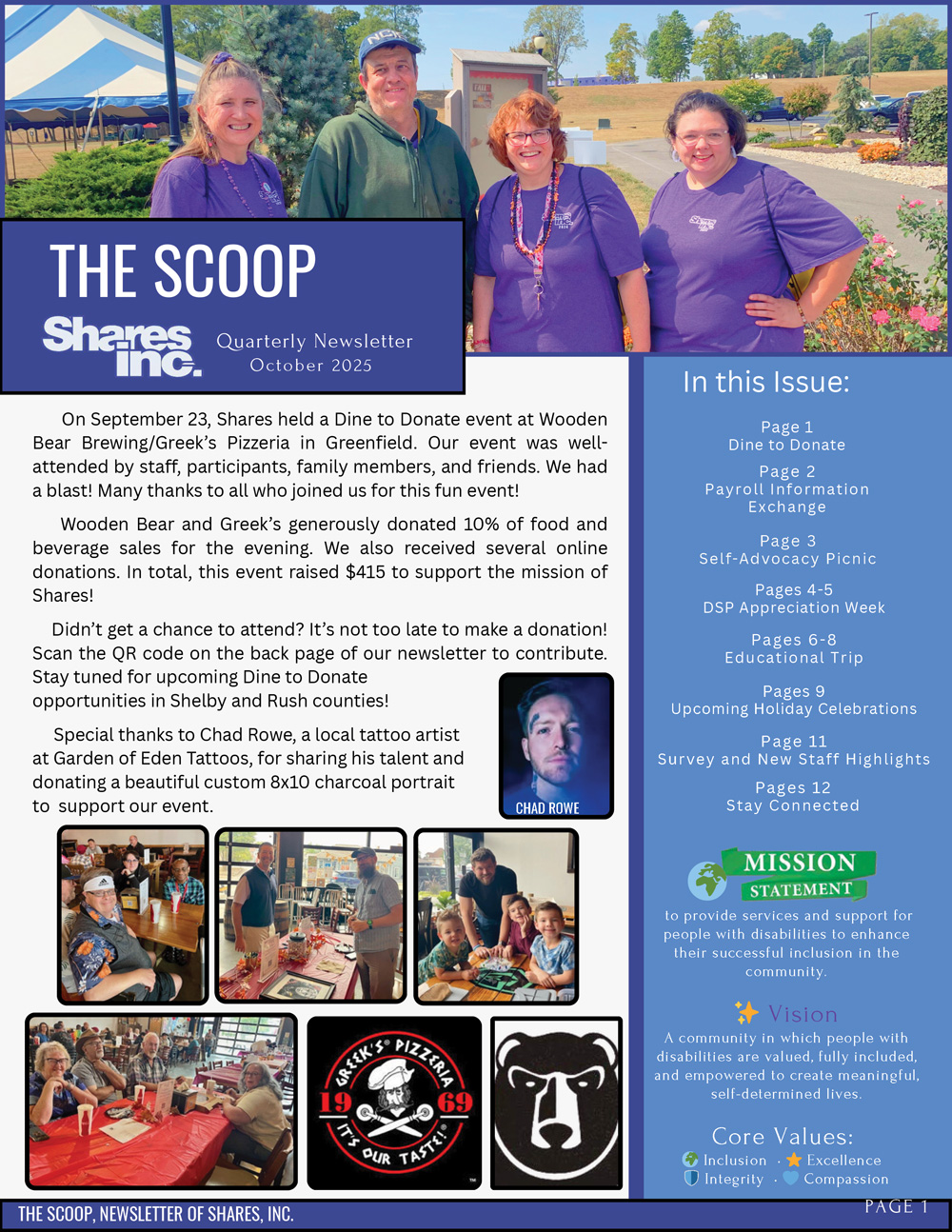 October 2025 Newsletter from Shares, Inc. highlighting a Dine to Donate event at Wooden Bear Brewing/Greek's Pizzeria, featuring community support, fundraising efforts, and upcoming initiatives.